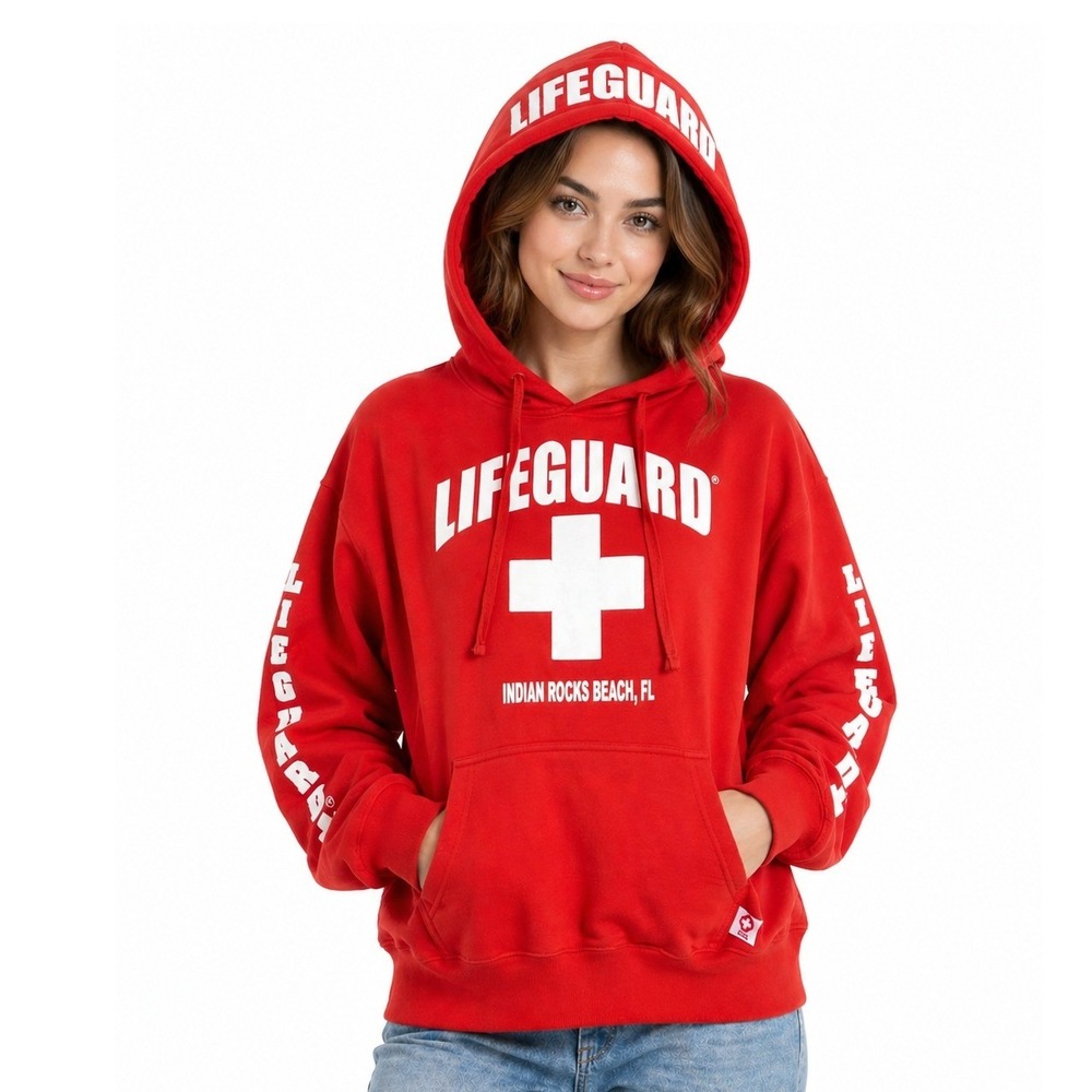Lifeguard Hoodie Women Large Red Indian Rocks Beach FL Graphic Fleece Sweatshirt